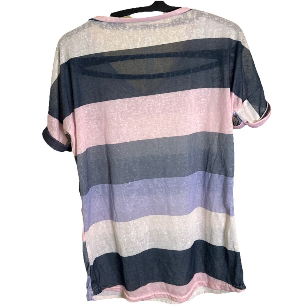 Unbranded Womens Blouse Size‎ XXL Pink Purple Striped Short Rolled Sleeve V-Neck - Picture 2 of 6